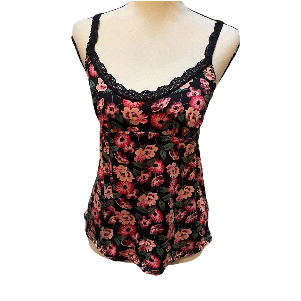 Y2K Floral Lace Trim Cami Top S Black Pink Coquette Babydoll Fairy Grunge Tank